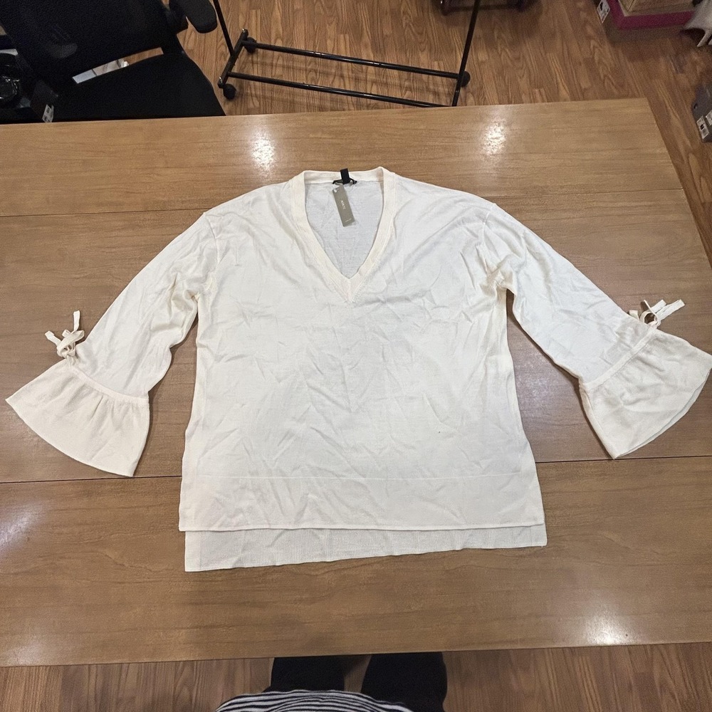 J Crew‎ Sweater Womens XL Cream 100% Merino Wool V-Neck Bell Sleeve Bow